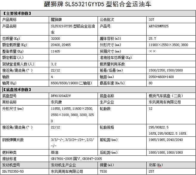 油罐車(chē)整車(chē)公告參數 油罐車(chē)整車(chē)公告參數