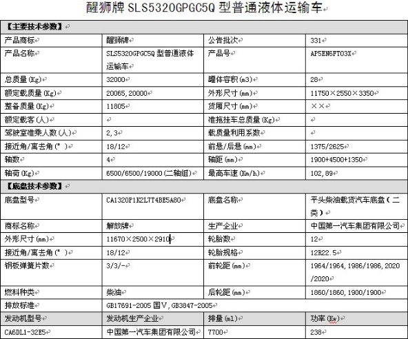 SLS5320GPGC5Q型普通液體運輸車(chē)整車(chē)技術(shù)參數 SLS5320GPGC5Q型普通液體運輸車(chē)整車(chē)技術(shù)參數