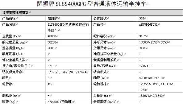 隨州力神醒獅牌SLS9400GPG型普通液體運輸半掛車(chē)整車(chē)參數 隨州力神醒獅牌SLS9400GPG型普通液體運輸半掛車(chē)整車(chē)參數